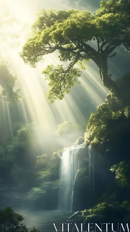 Sunbeams braid through emerald canopy as the falls whisper