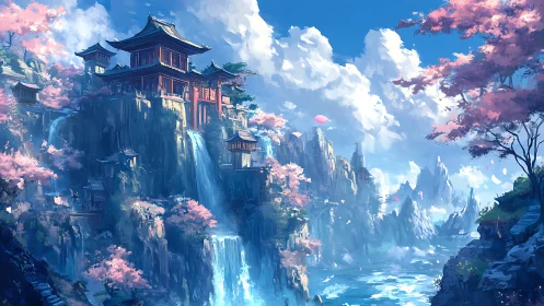 Mountain temple complex with waterfalls and pink blossoms.
