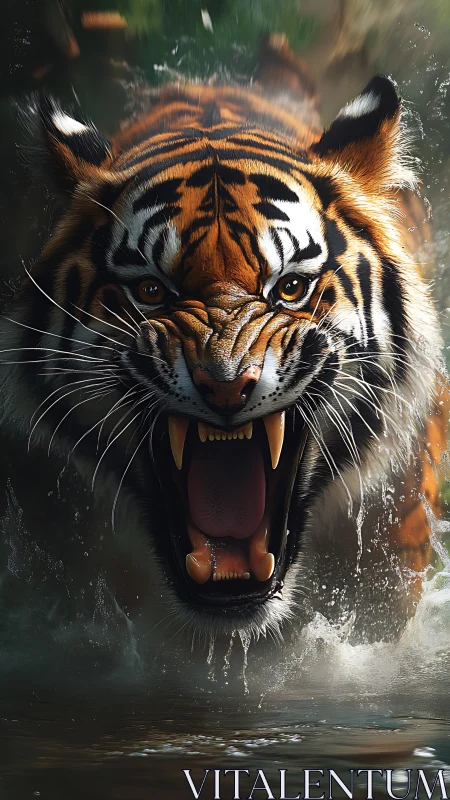 Fierce tiger surges through wild water in powerful motion