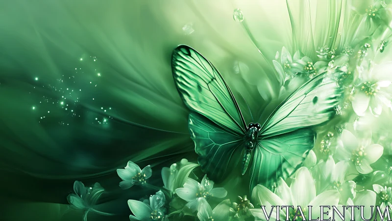 Gentle green butterfly rests among softly glowing flowers