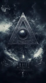 Triangular metallic structure with central sphere above ruins.