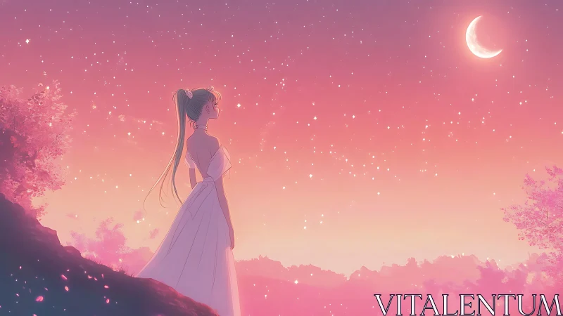 Dreamy girl beneath a glowing crescent moonlit sky.
