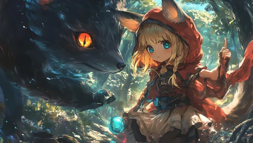 Fox girl in red hood with large spirit wolf companion.