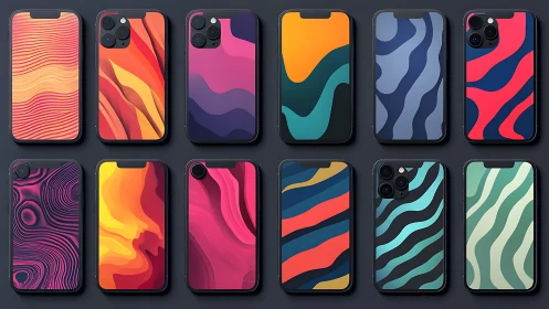 Geometric gradient phone wallpapers with layered wave abstractions.