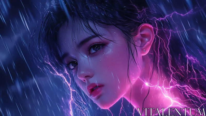 Electric neon girl in storm rain with glowing pink lightning.