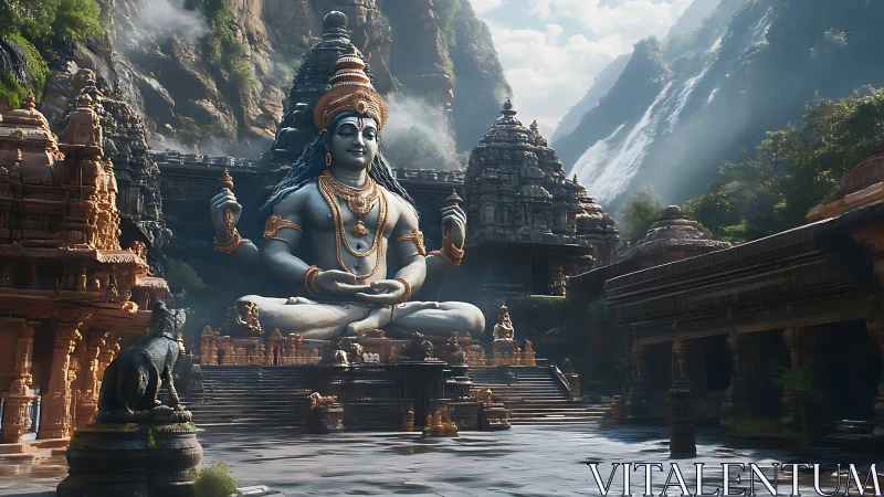 Mountain temple courtyard with large seated deity statue.