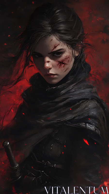 Battle-scarred rogue stands amid burning crimson embers.