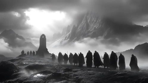 Robed figures traverse misty terrain toward distant tower