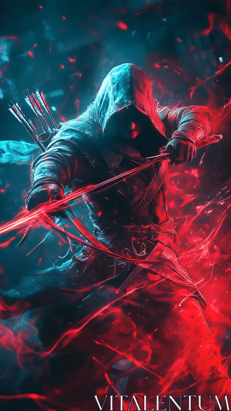 Hooded archer in glowing red energy ready to strike.