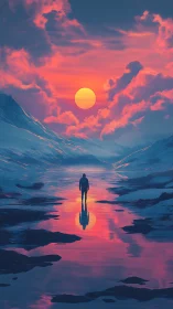 Solitary figure on reflective river under neon sunset sky.