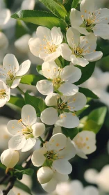 Delicate white blossoms catching golden sunlight on spring branches