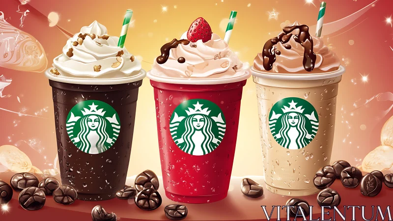 Starbucks whipped frappuccino trio in glowing dessert display.