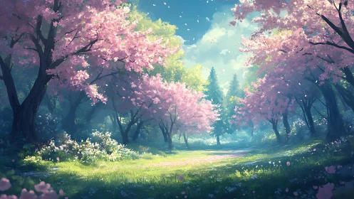 Blossom-lit woodland glade where drifting petals paint silence.