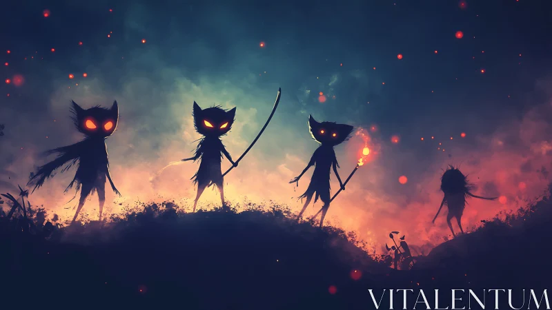 Midnight ember-creatures patrol a glowing twilight ridge.