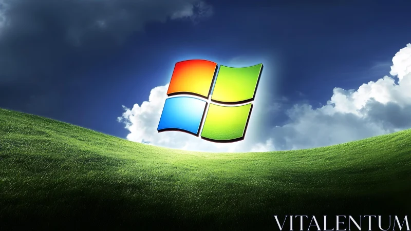 Windows logo over classic Bliss landscape in digital art style.