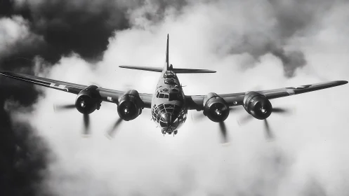 Vintage bomber gliding boldly through dramatic storm clouds.