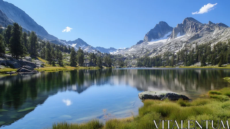 Alpine glacial lake reflects conifer forest and stratified granite peaks