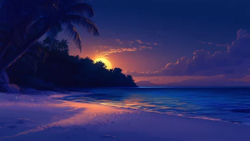 Tropical shoreline sunset with cobalt waves and violet glow.