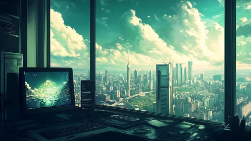 Futuristic office interior overlooking dense teal cityscape.