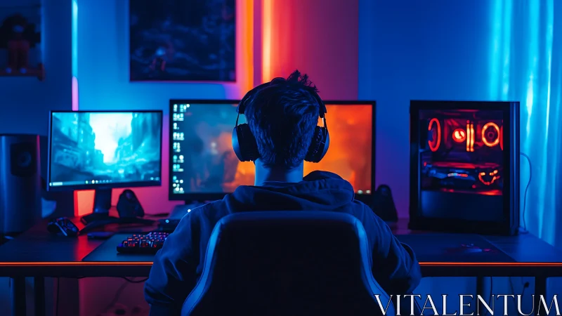 Gamer sits at dual-monitor PC rig under neon RGB lighting
