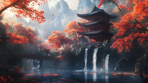Digital painting of autumn pagoda over cascading waterfalls.