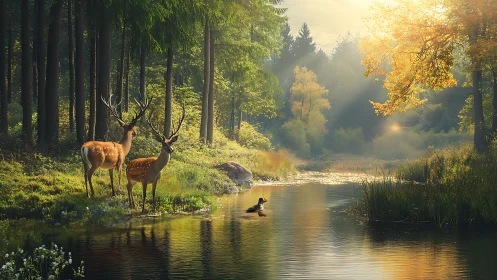 Golden forest morning with deer by a shimmering river.