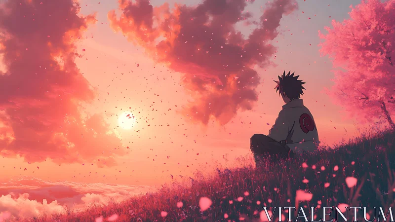 Solitary anime figure under rose-gold sunset skyscape.