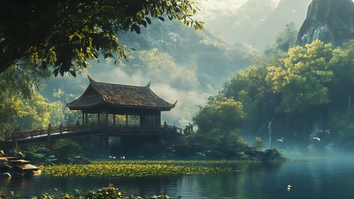 Serene lakeside pavilion bridge in lush misty valley.