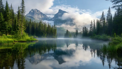 Alpine lake mirror symmetry with conifer forest and fog banks