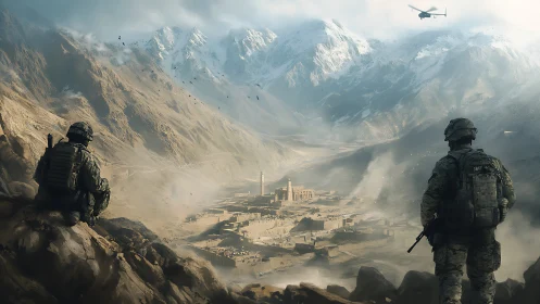 Mountain valley soldiers watch a distant village in tense calm