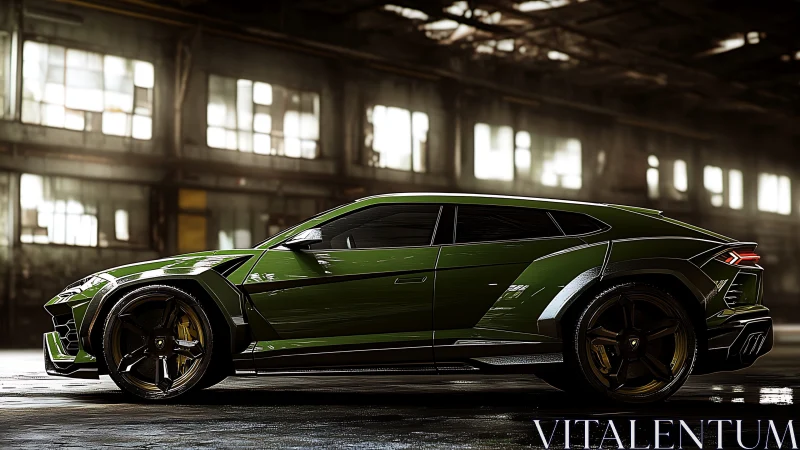 Green luxury SUV rendered in dramatic industrial warehouse.