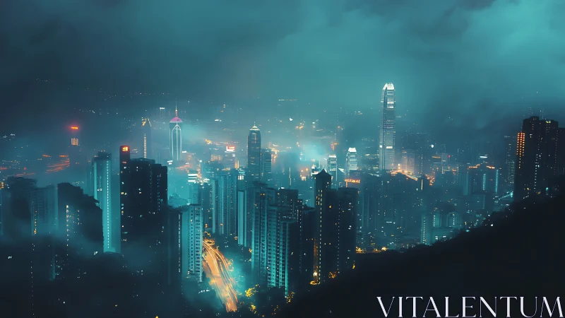 Neon fog engulfs dense highrise skyline at midnight