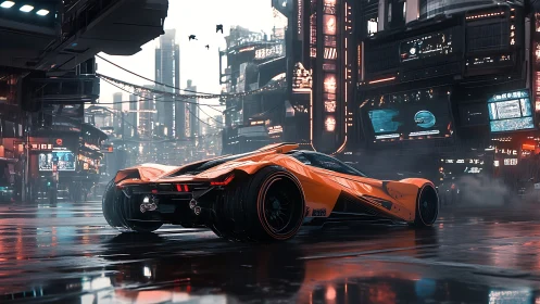 Futuristic orange hypercar prowls a neon-soaked cyberpunk city street