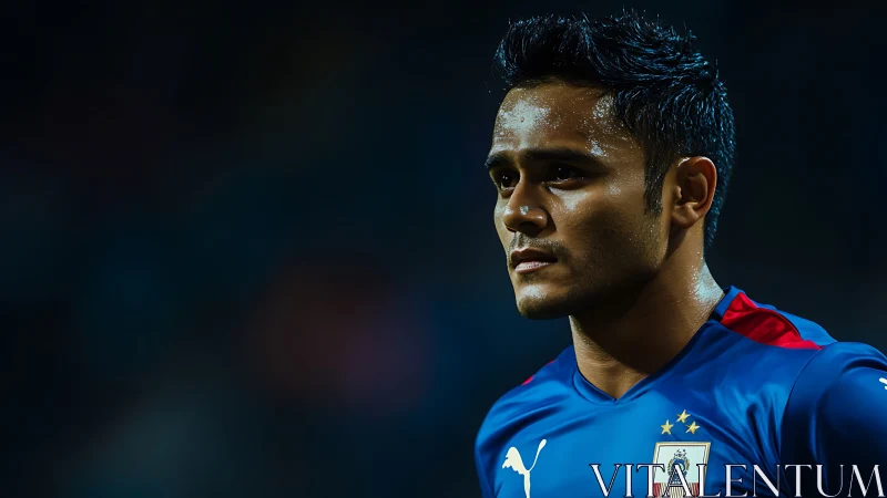 Focused soccer player in blue jersey under stadium lights.