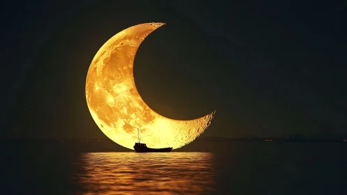 Moonlit crescent boat cradling golden tides of night.