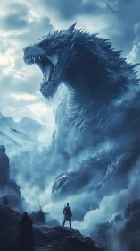 Storm-born titan dragon roars above lone mountain hero.