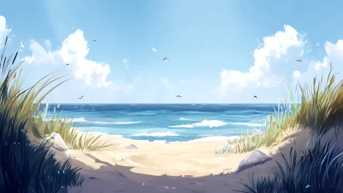 Sunlit dune pathway opening onto a peaceful summer sea.