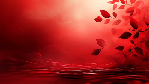 Crimson leaves drifting above a softly glowing red sea.