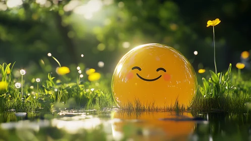 Sunny smiley bubble resting in a glowing summer meadow.