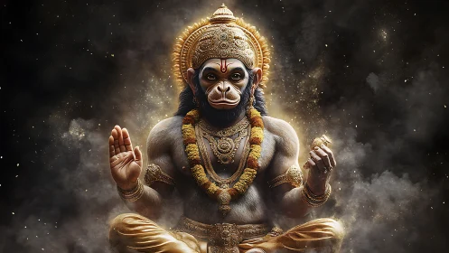 Radiant monkey deity in golden robes and gentle blessing pose.