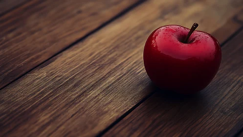 Glossy red apple resting softly on rustic wood table.