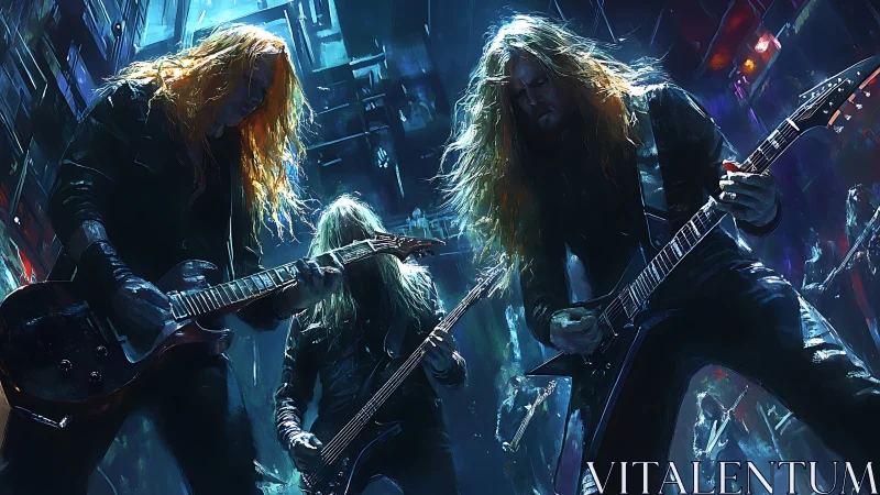Stormlit metal guitarists shredding on neon-drenched stage.