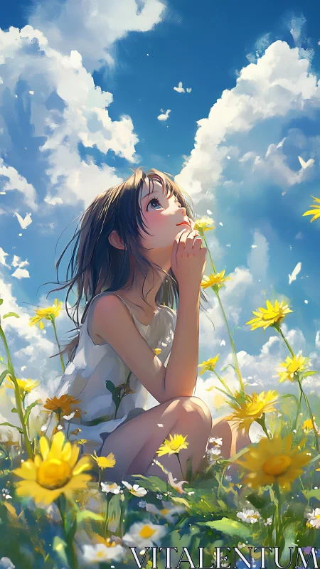Girl in white dress seated among yellow flowers under clouds.