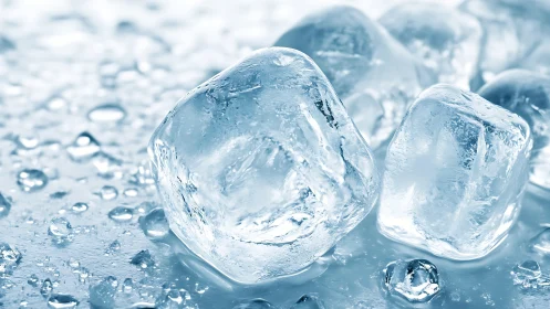 Transparent ice cubes rest on wet reflective surface