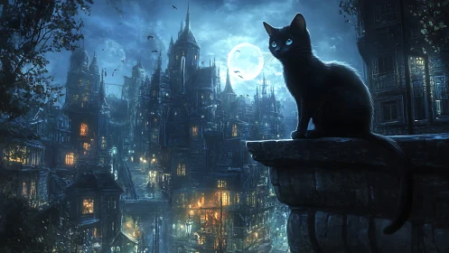 Black Cat Overlooking Gothic Moonlit Cityscape.