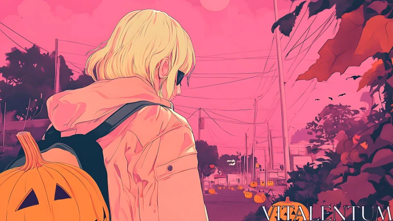 Digital painting of girl on neon pink Halloween street scene.