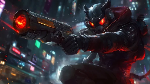 Cybernetic gunfighter with glowing visor in neon crossfire.