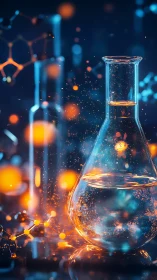 Glowing chemistry flask in a softly sparkling science lab.