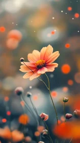 Orange cosmos bloom rises through soft bokeh dusk field.