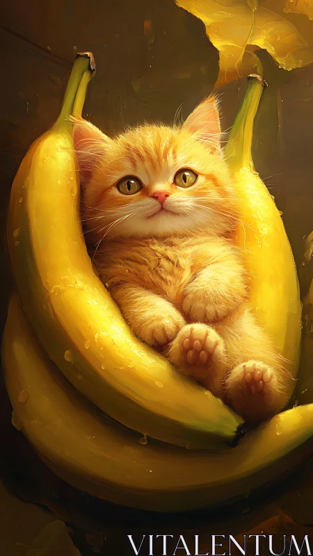 Ginger Cat Nestled in Giant Bananas with Glowing Ethereal Light